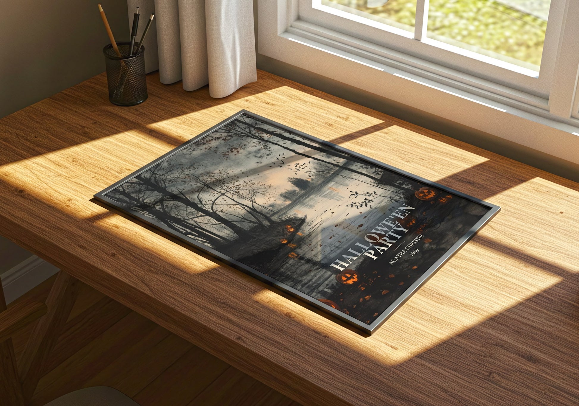 Hallowe'En Party watercolour book poster framed on wall – mystery wall art