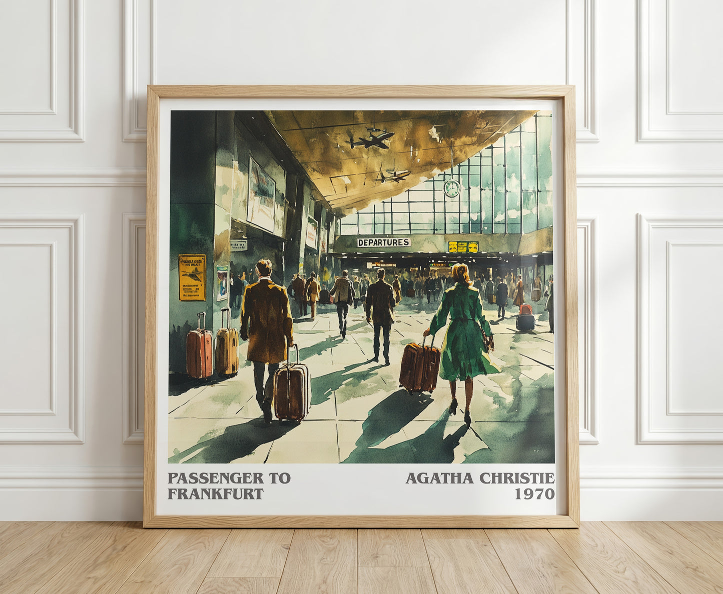 Passenger to Frankfurt literary print in frame leaning in hallway – thriller wall art