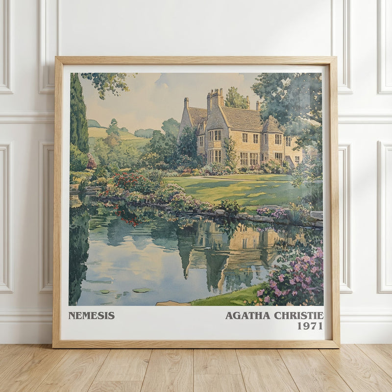 Nemesis literary print in frame leaning in hallway – mystery wall art