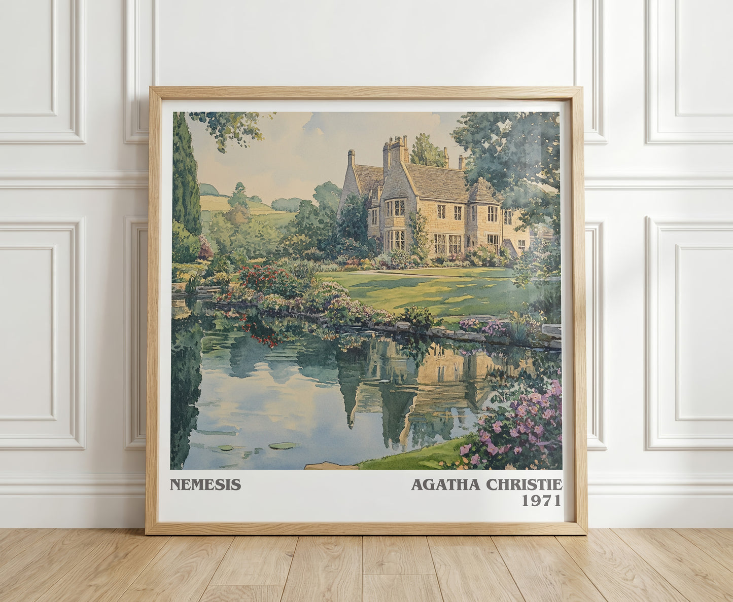 Nemesis literary print in frame leaning in hallway – mystery wall art