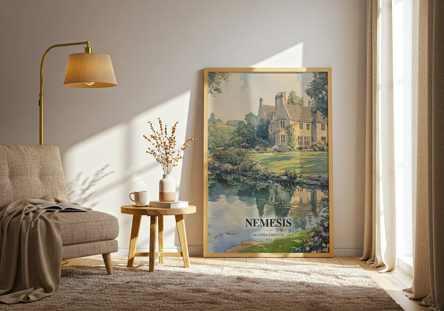 Nemesis watercolour print in frame leaning in hallway – mystery wall art