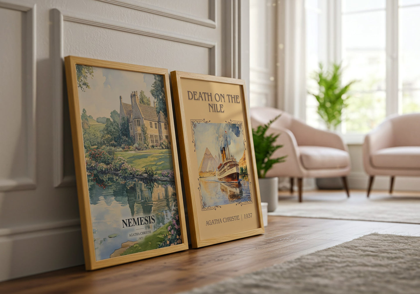 Nemesis watercolour print framed by window – literary home decor