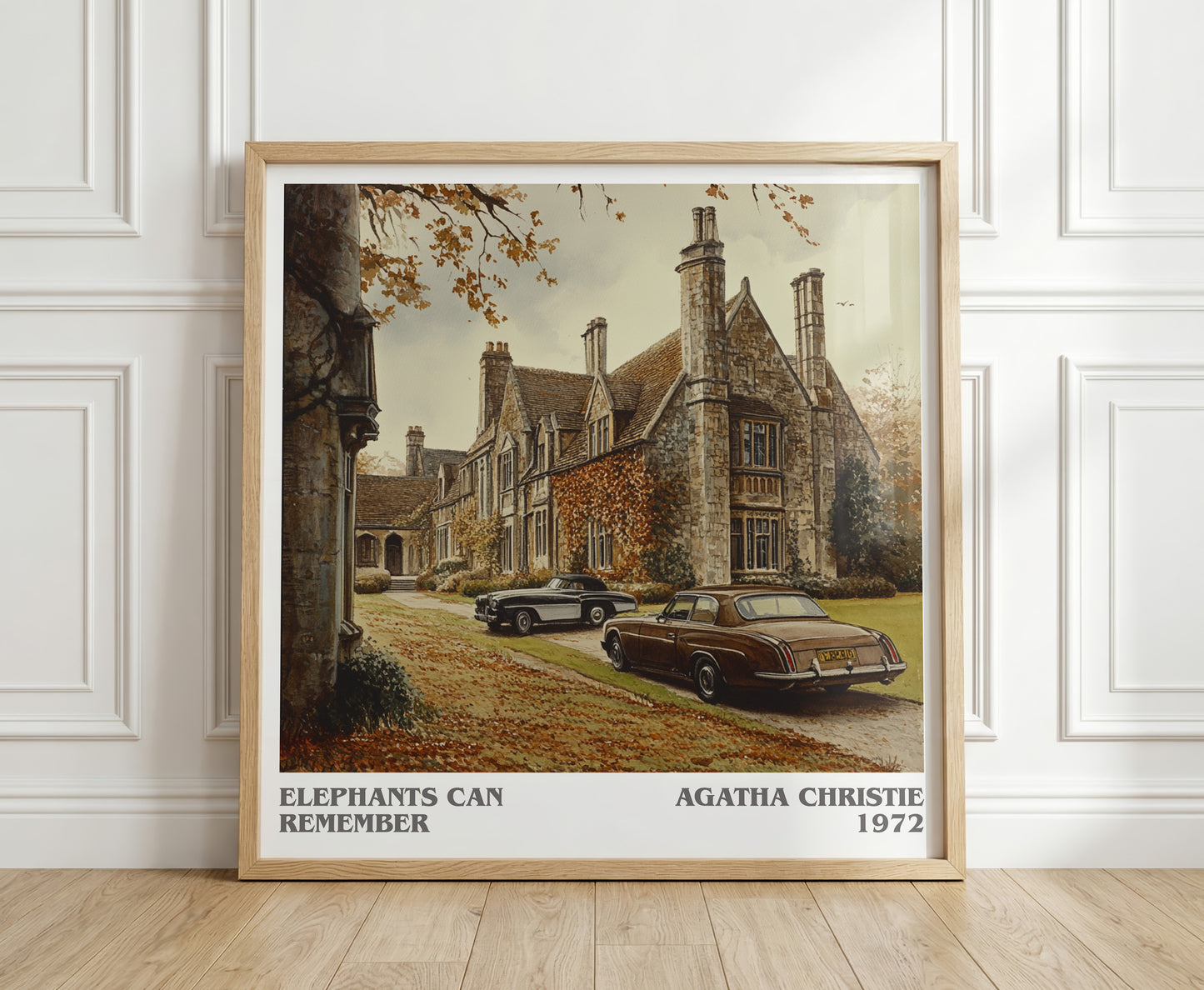 Elephants Can Remember literary print in frame leaning in hallway – mystery wall art
