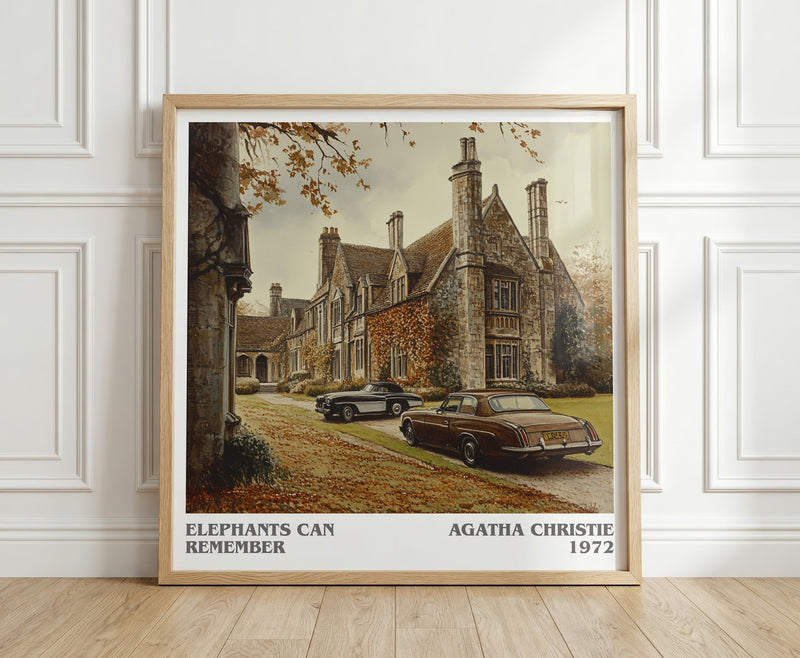 Elephants Can Remember literary print in frame leaning in hallway – mystery wall art