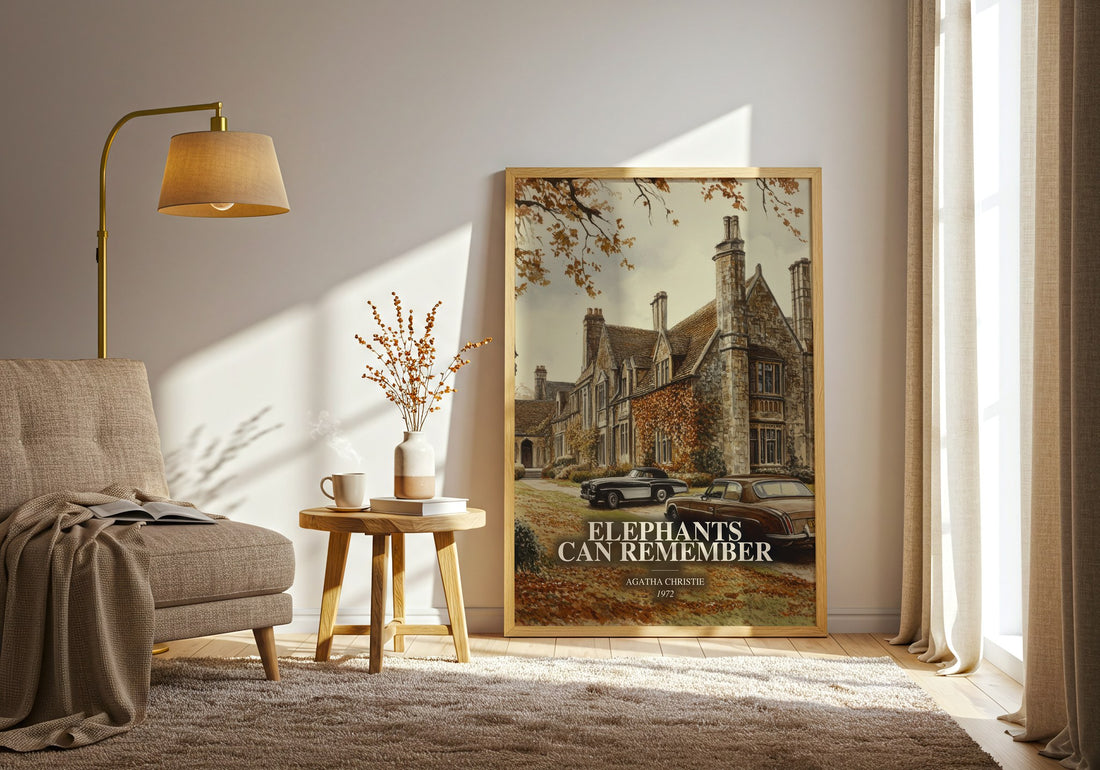 Elephants Can Remember watercolour print in frame leaning in hallway – mystery wall art (mockup)