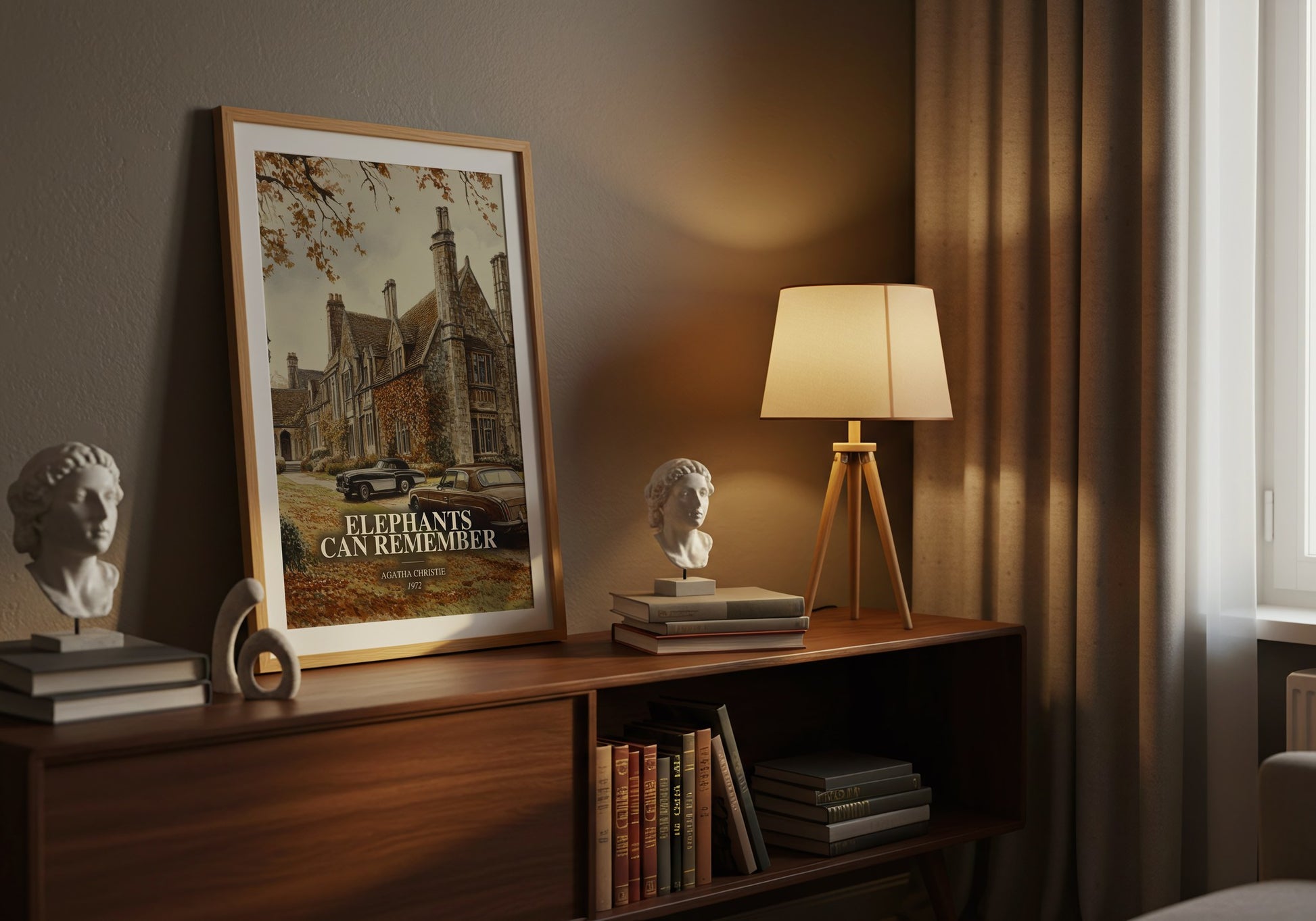 Elephants Can Remember watercolour print on bookshelf – Agatha Christie fan gift