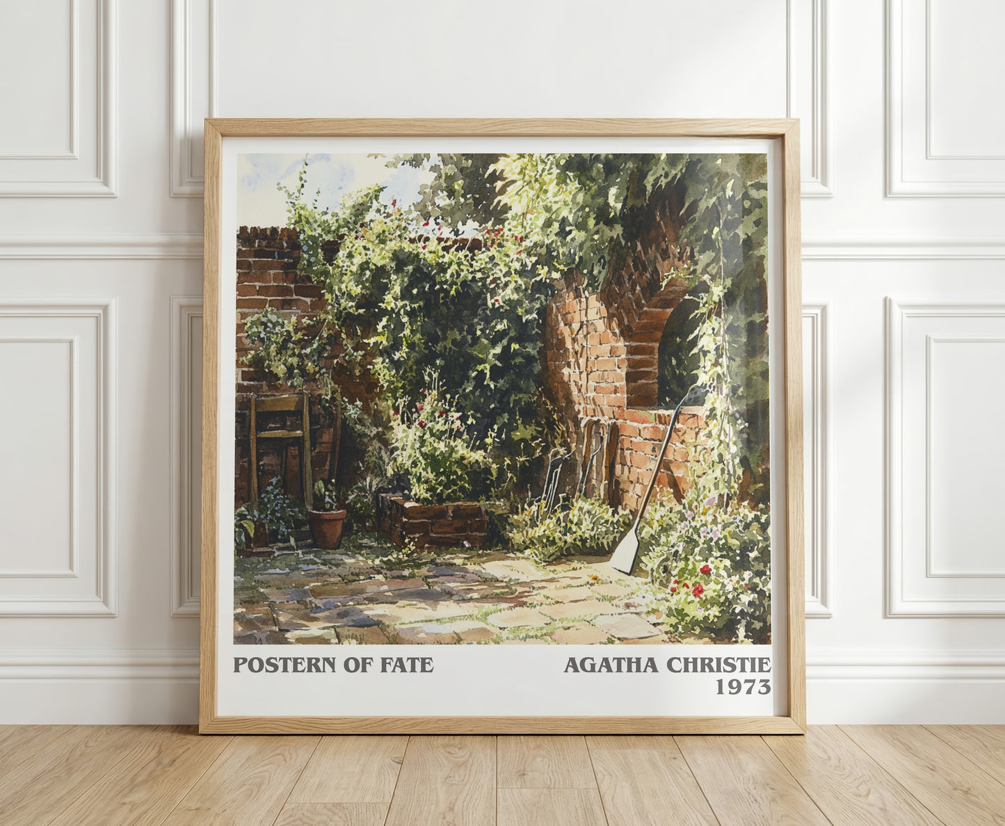 Postern of Fate literary print in frame leaning in hallway – mystery wall art