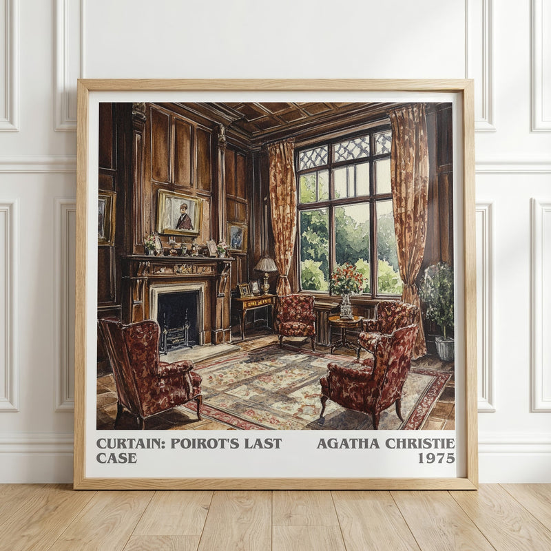 Curtain: Poirot's Last Case literary print in frame leaning in hallway – mystery wall art