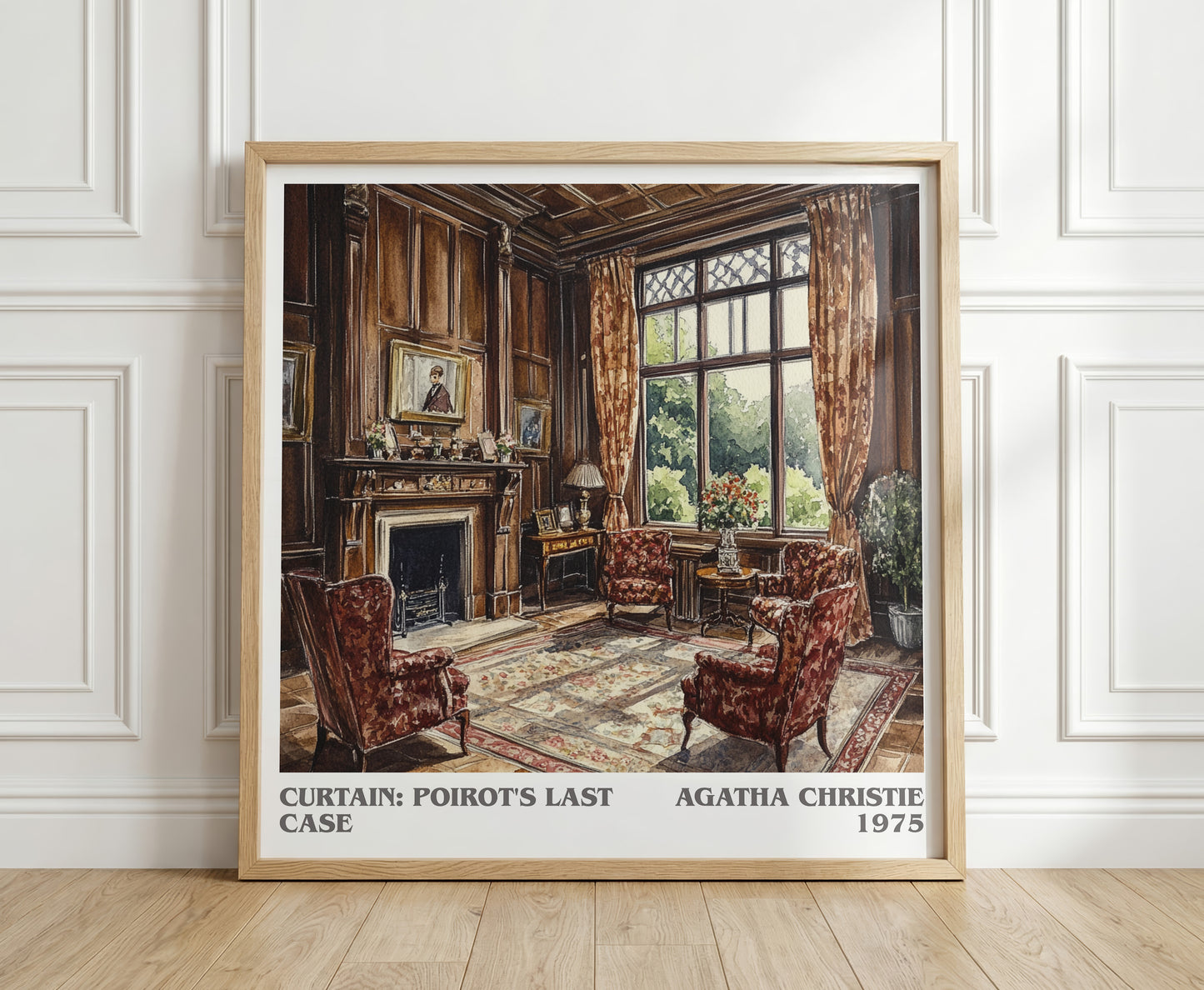 Curtain: Poirot's Last Case literary print in frame leaning in hallway – mystery wall art