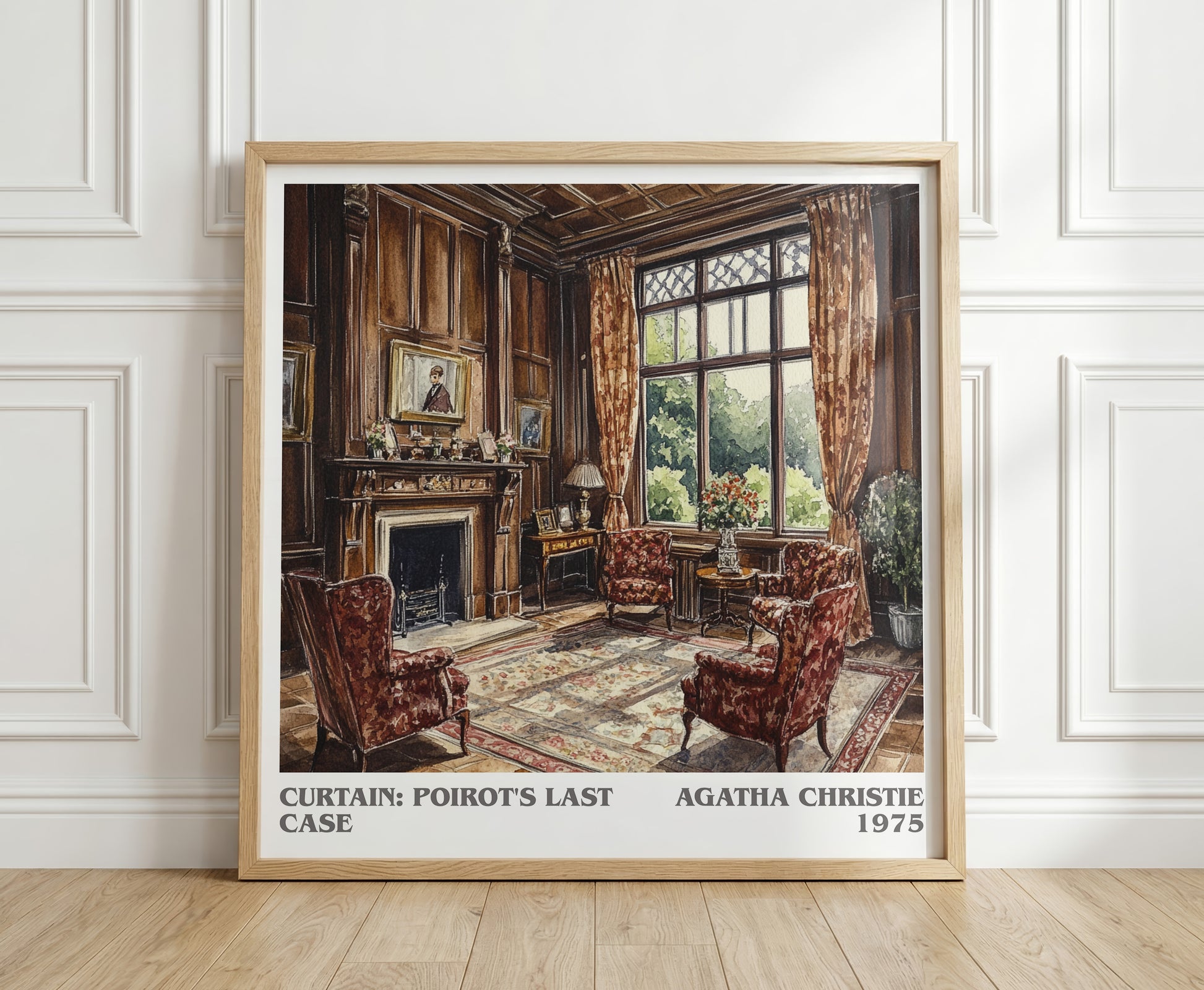 Curtain: Poirot's Last Case literary print in frame leaning in hallway – mystery wall art