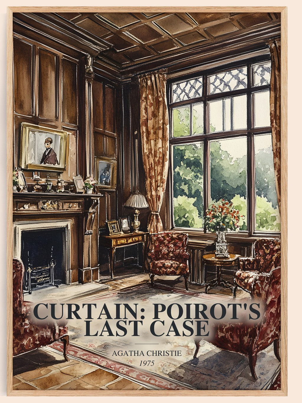 Curtain: Poirot'S Last Case watercolour book poster by Agatha Christie – framed literary art print