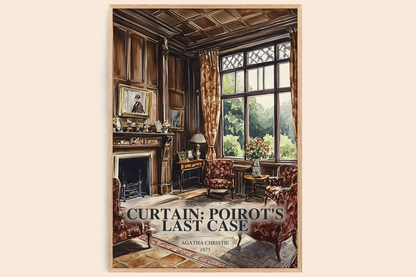 Curtain: Poirot'S Last Case watercolour book poster by Agatha Christie – framed literary art print