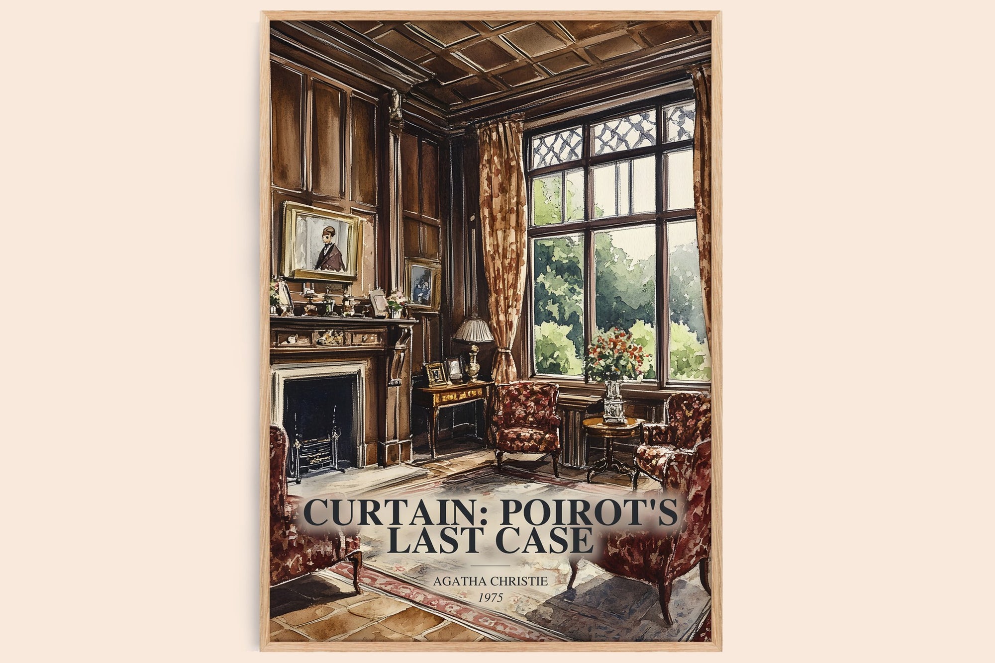 Curtain: Poirot'S Last Case watercolour book poster by Agatha Christie – framed literary art print