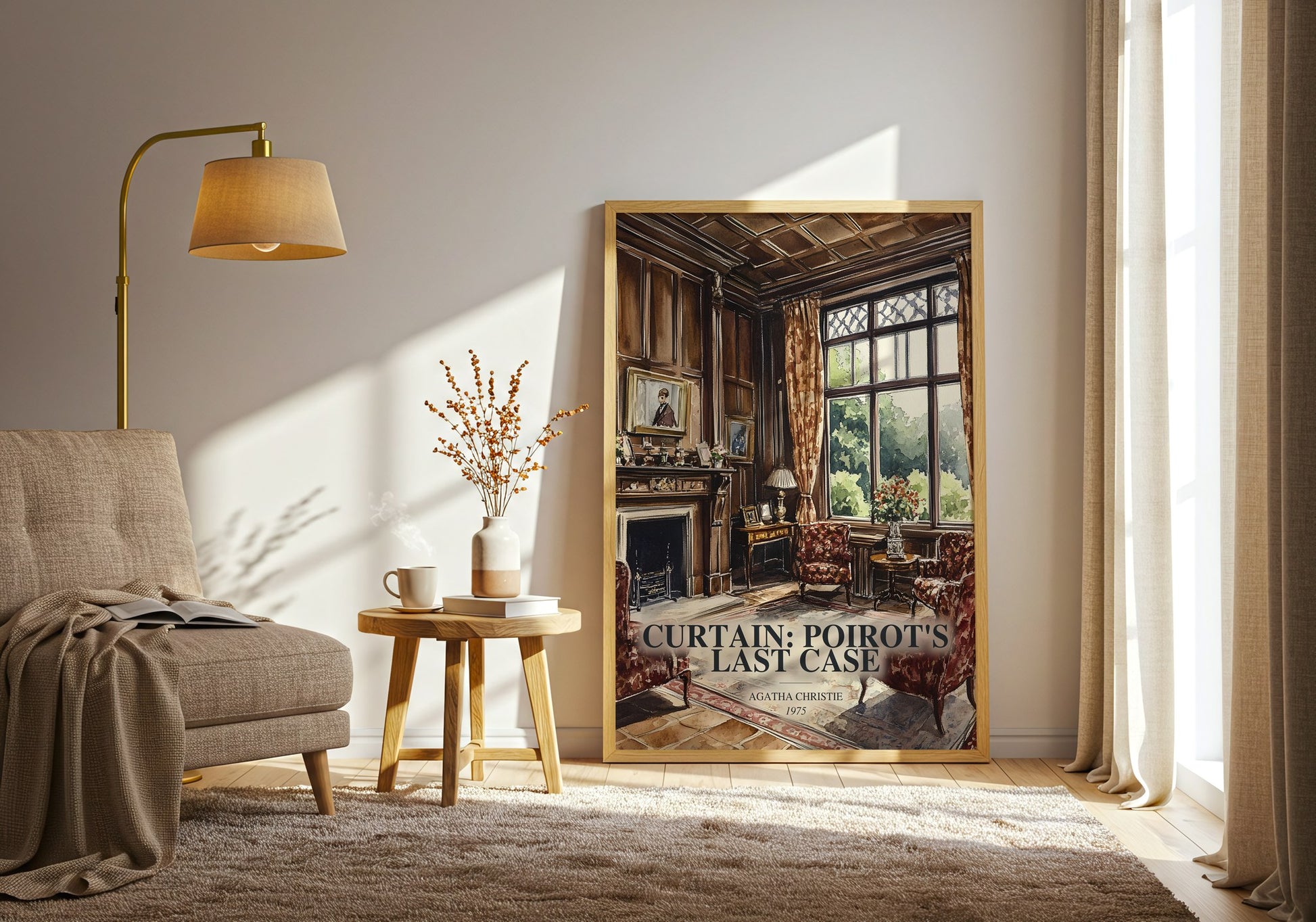 Curtain: Poirot'S Last Case watercolour print in frame leaning in hallway – mystery wall art