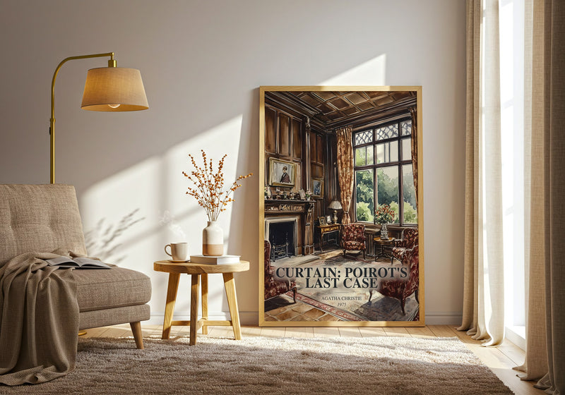 Curtain: Poirot'S Last Case watercolour print in frame leaning in hallway – mystery wall art
