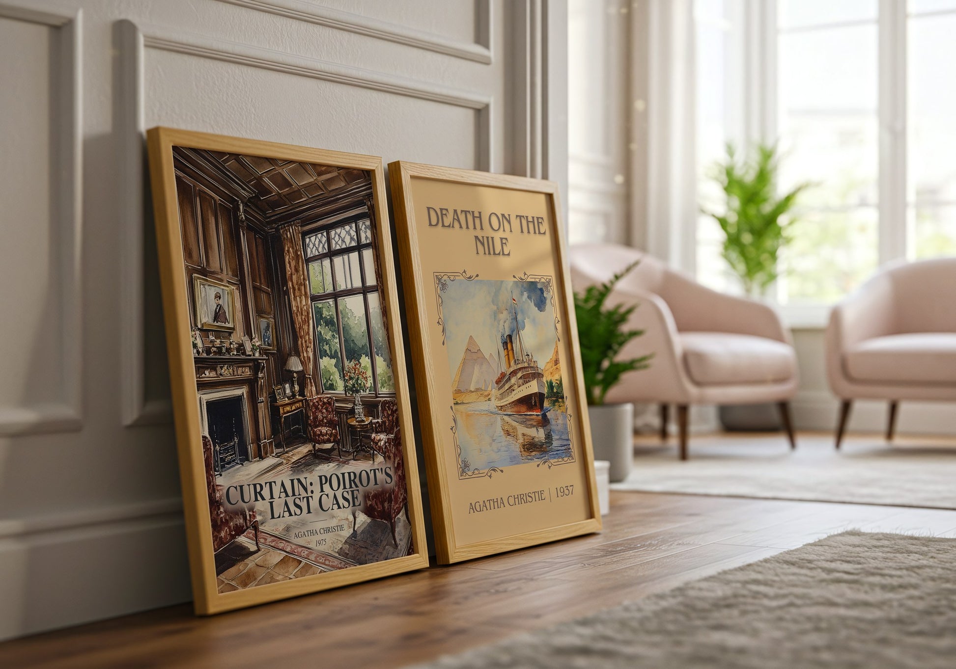 Curtain: Poirot'S Last Case watercolour print framed by window – literary home decor