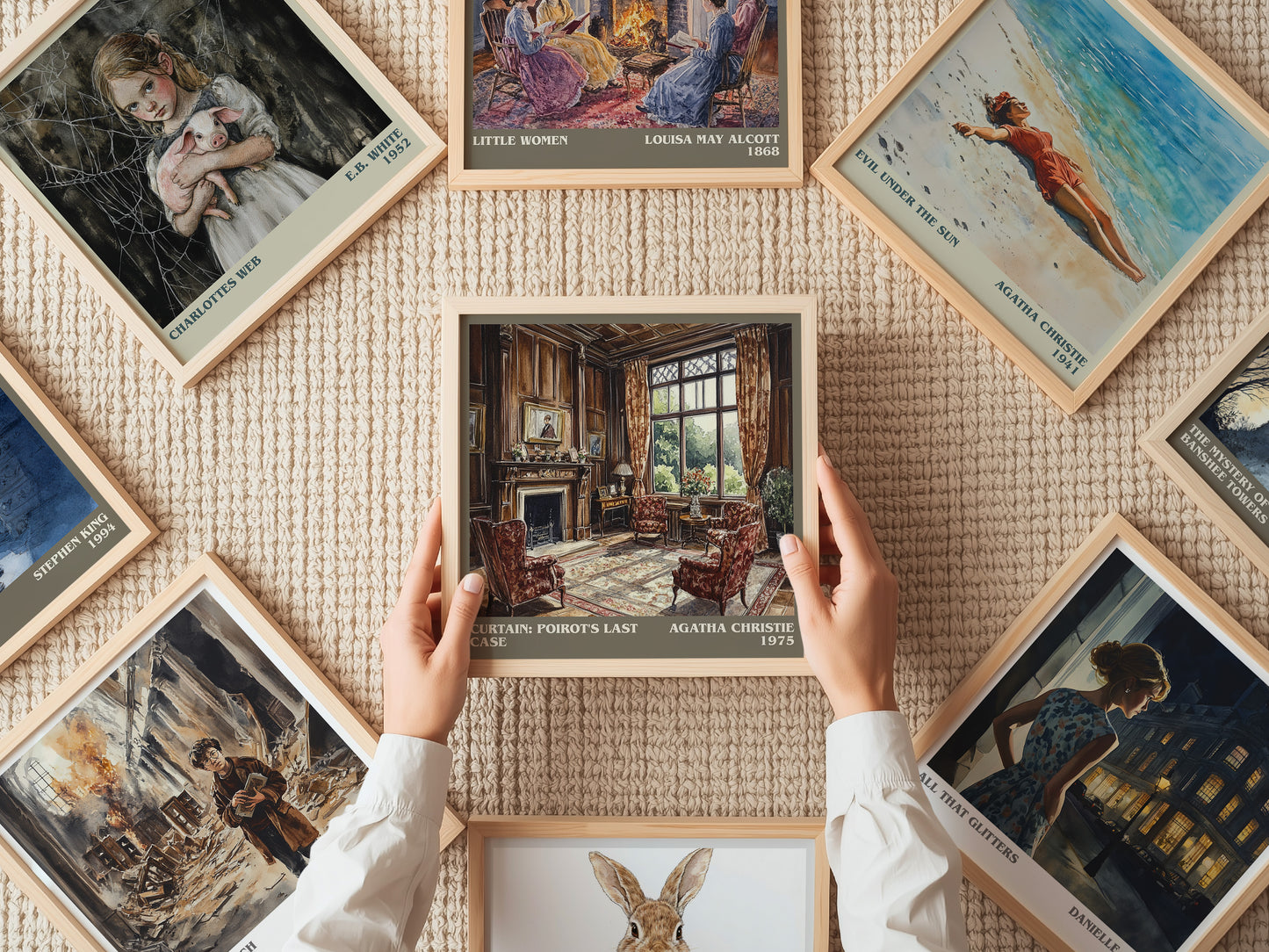 Curtain: Poirot's Last Case literary print on bookshelf – Agatha Christie fan gift