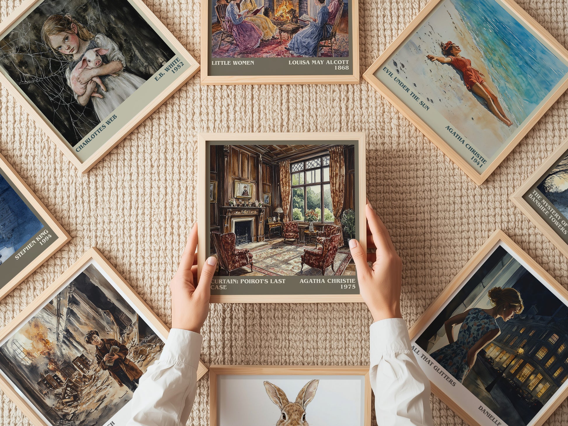 Curtain: Poirot's Last Case literary print on bookshelf – Agatha Christie fan gift