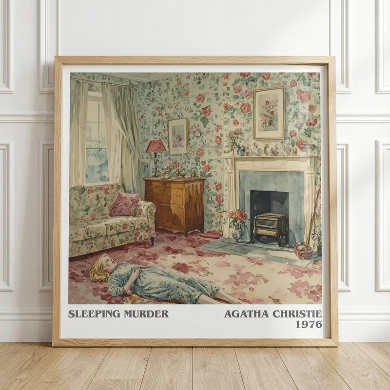 Sleeping Murder literary print in frame leaning in hallway – mystery wall art