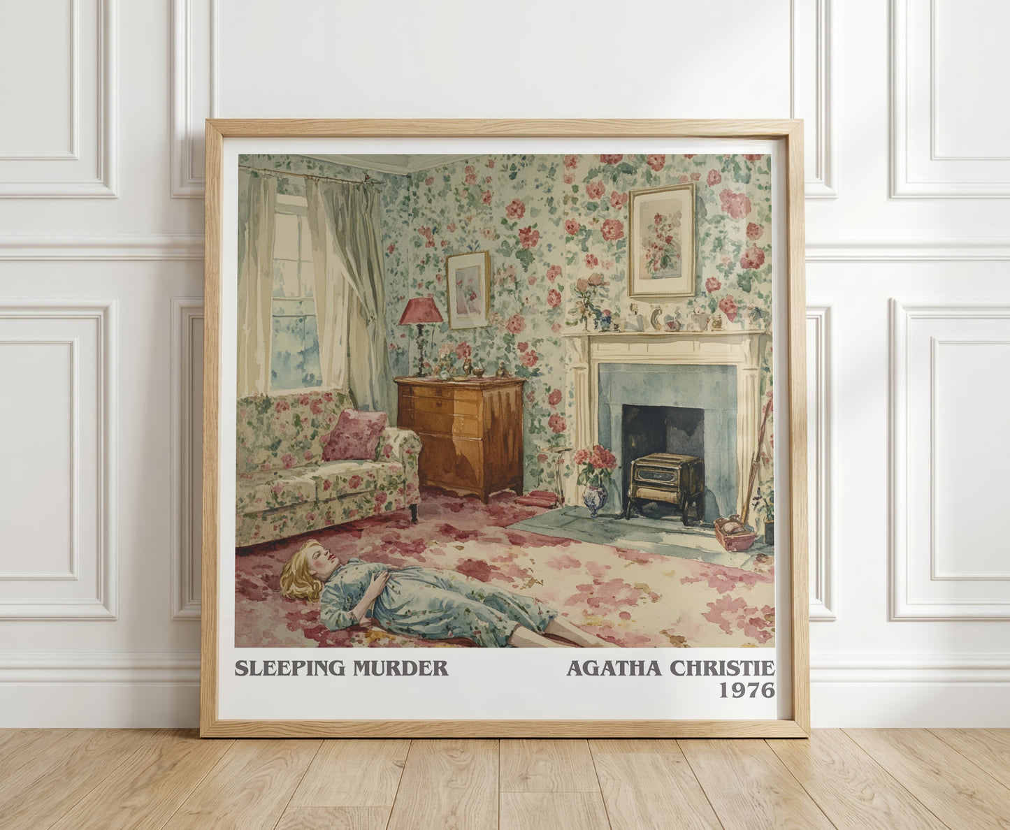 Sleeping Murder literary print in frame leaning in hallway – mystery wall art