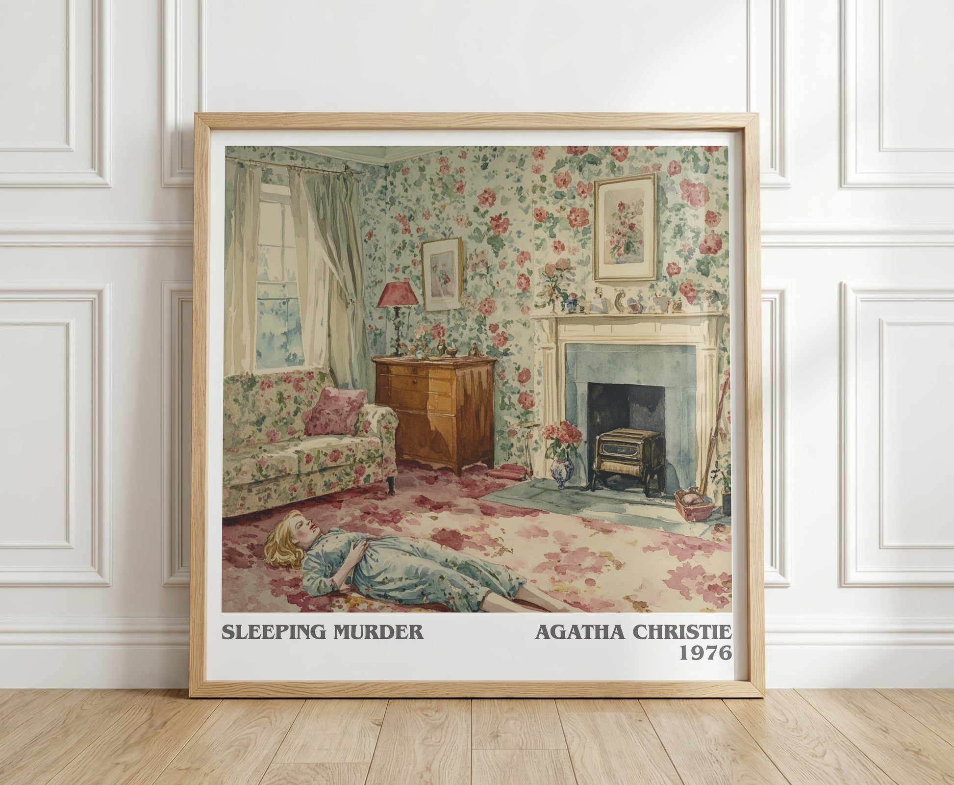 Sleeping Murder literary print in frame leaning in hallway – mystery wall art