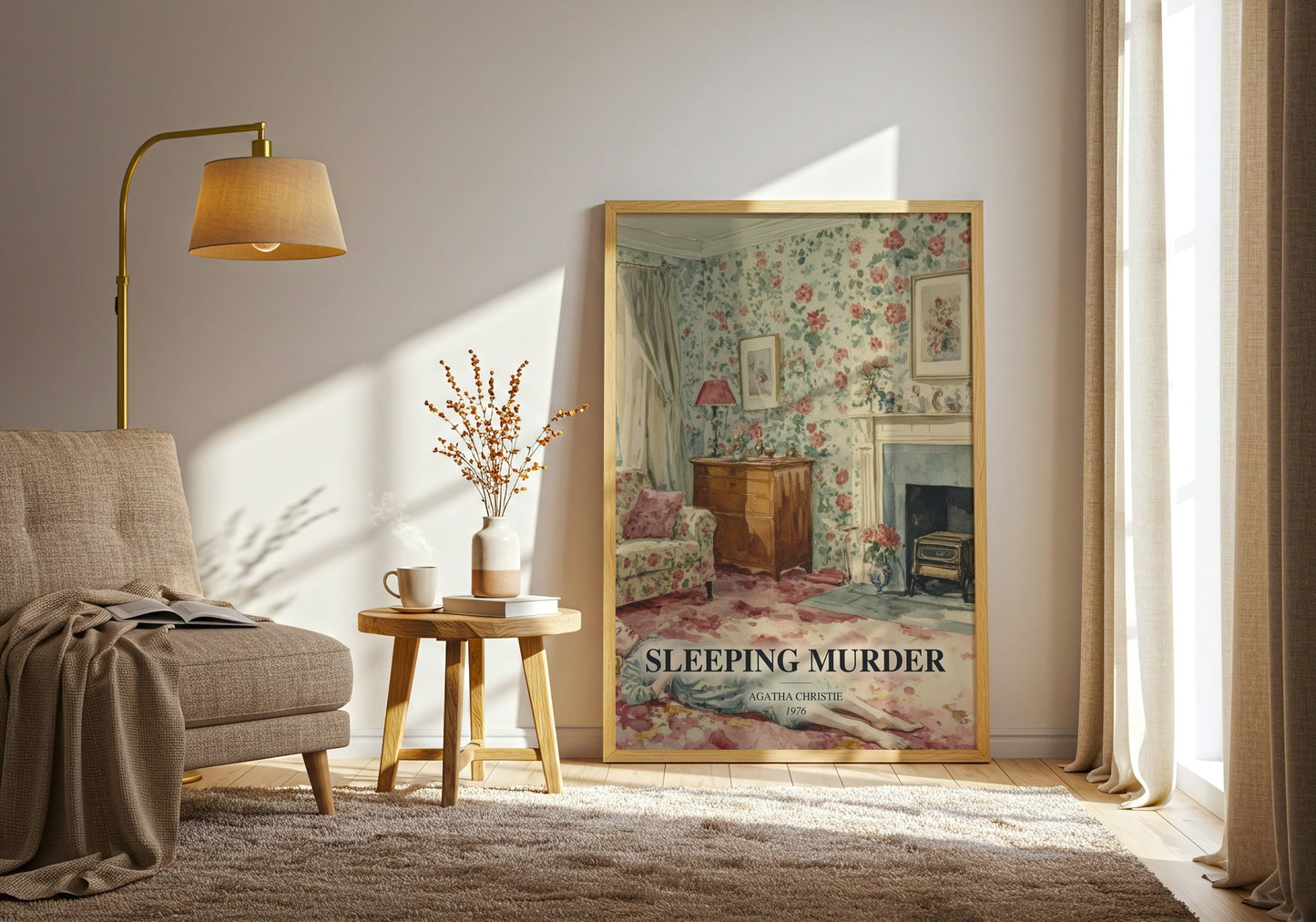 Sleeping Murder watercolour print in frame leaning in hallway – mystery wall art