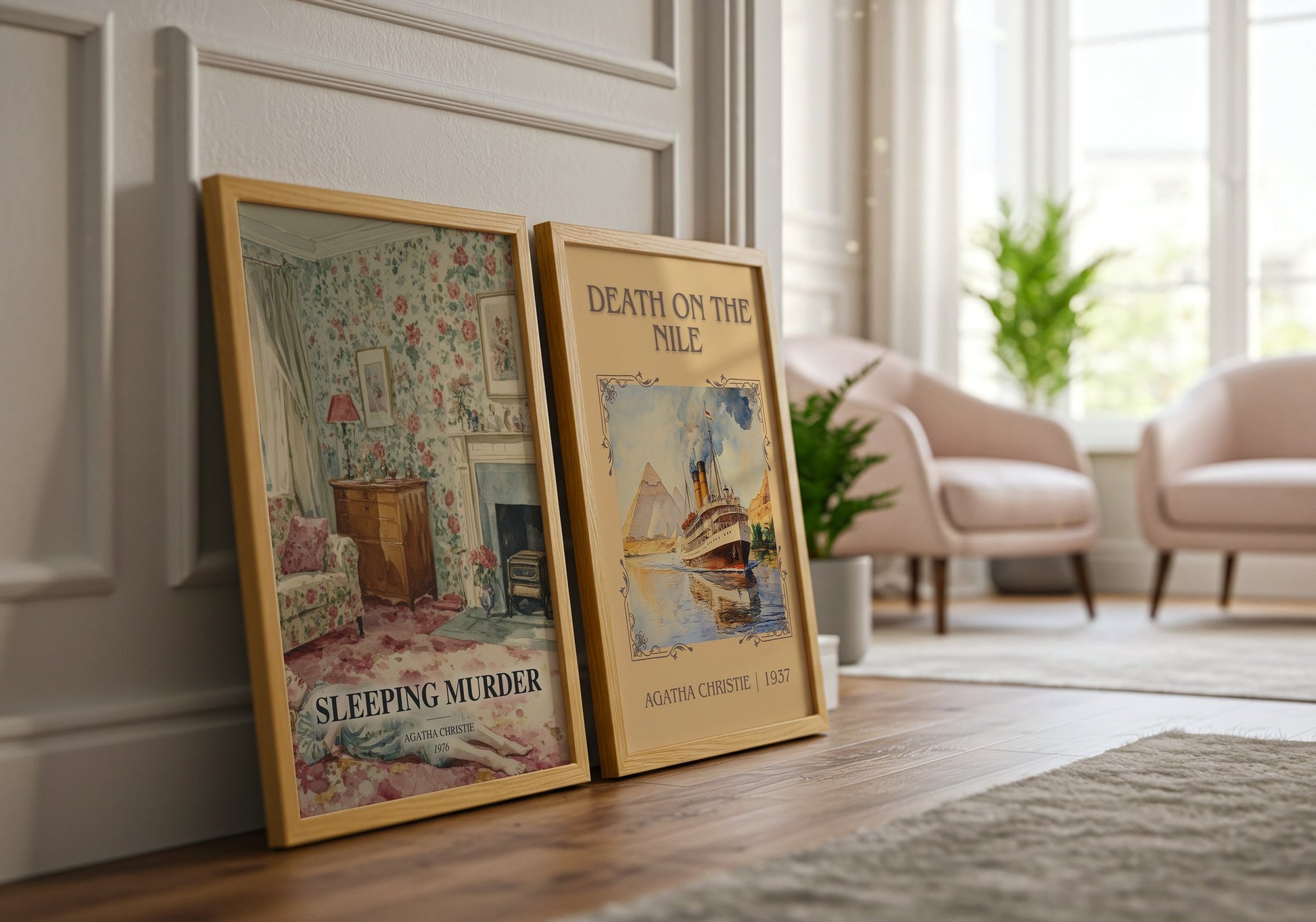 Sleeping Murder watercolour print framed by window – literary home decor