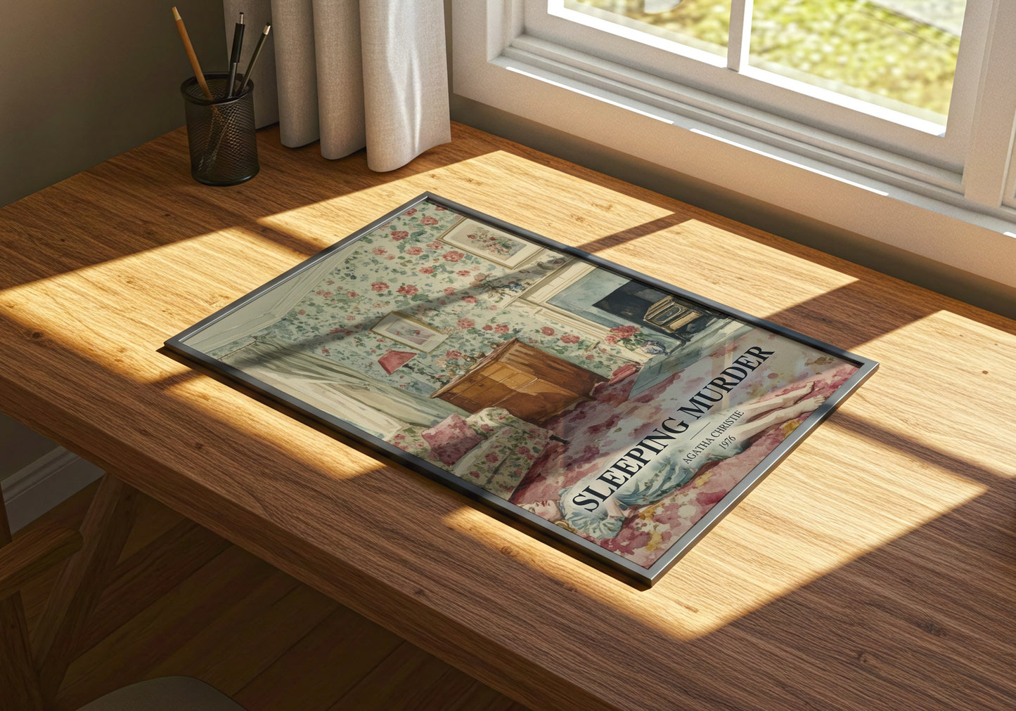 Sleeping Murder watercolour book poster framed on wall – mystery wall art