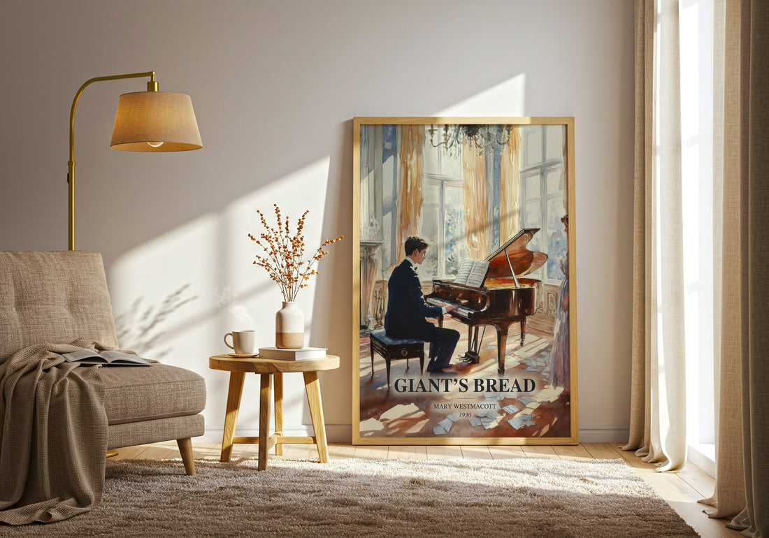 Giant’S Bread watercolour print in frame leaning in hallway – literary fiction wall art (mockup)