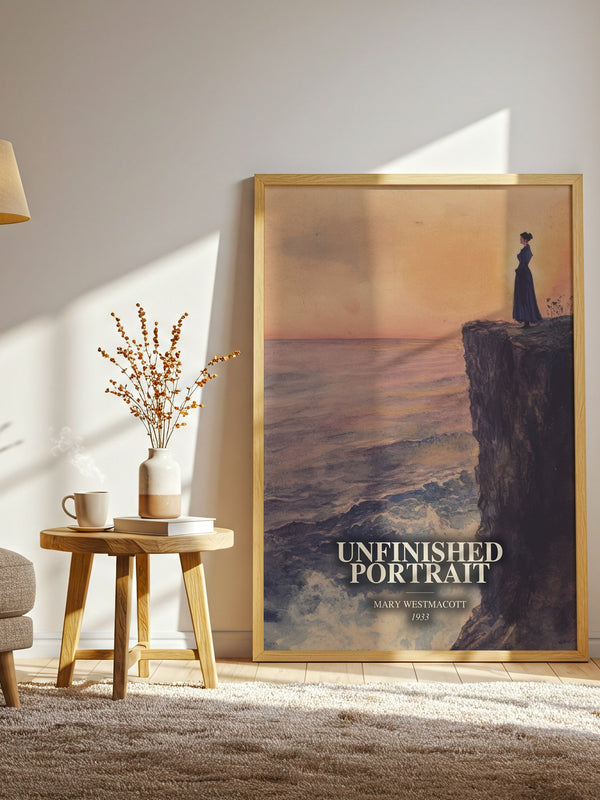 Unfinished Portrait watercolour print in frame leaning in hallway – literary fiction wall art