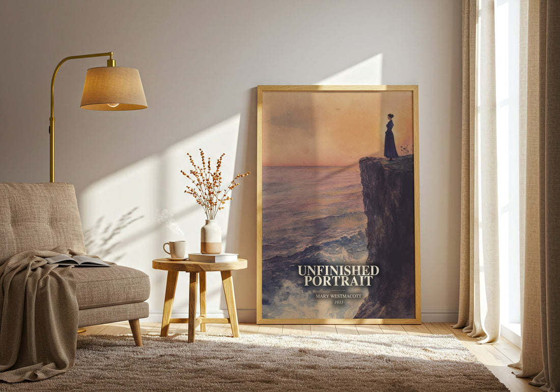 Unfinished Portrait watercolour print in frame leaning in hallway – literary fiction wall art (mockup)