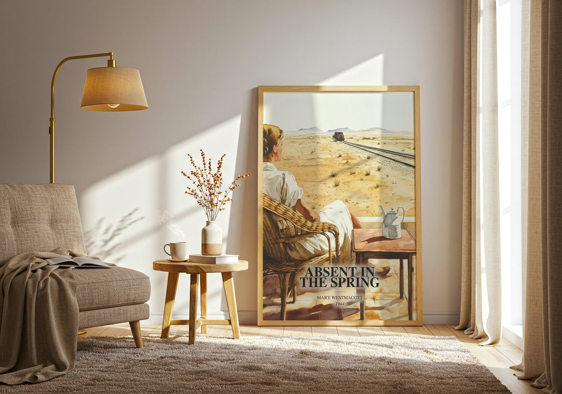 Absent In The Spring watercolour print in frame leaning in hallway – literary fiction wall art (mockup)