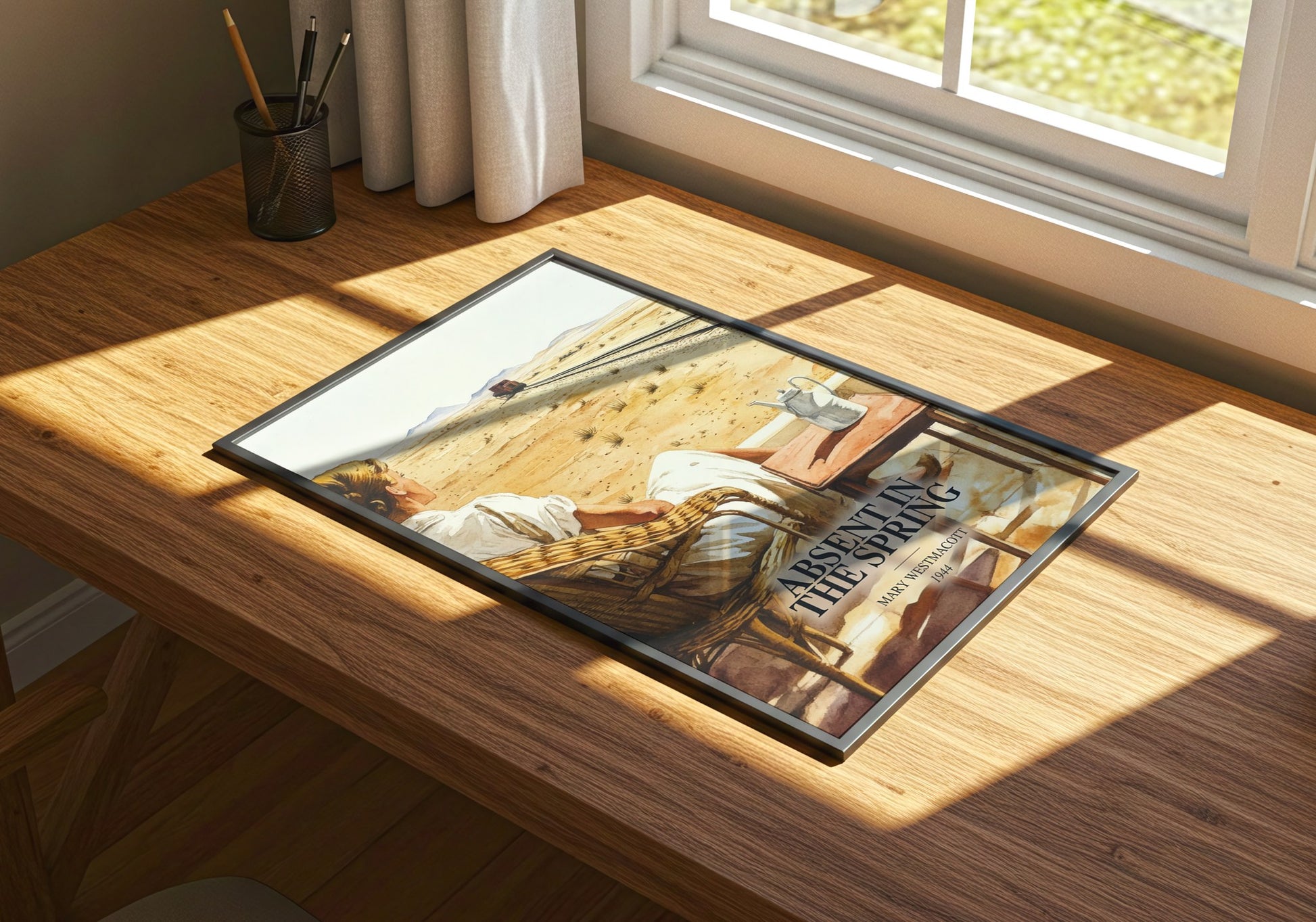 Absent In The Spring watercolour book poster framed on wall – literary fiction wall art