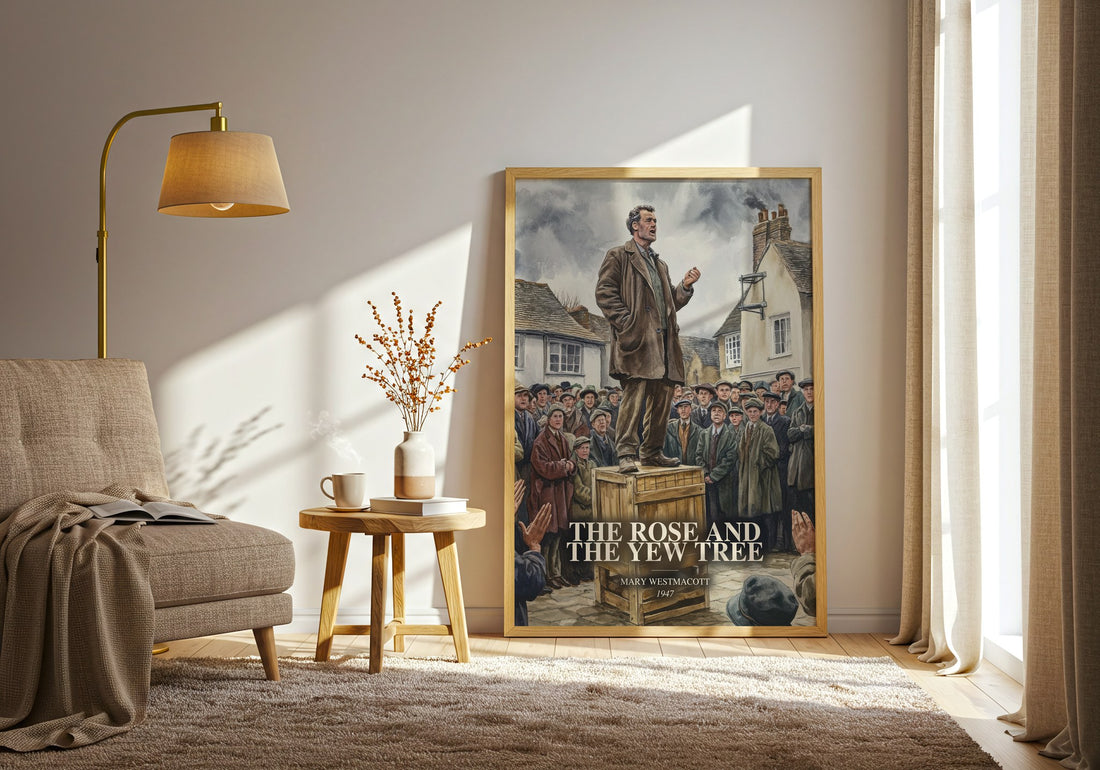 The Rose And The Yew Tree watercolour print in frame leaning in hallway – literary fiction wall art (mockup)