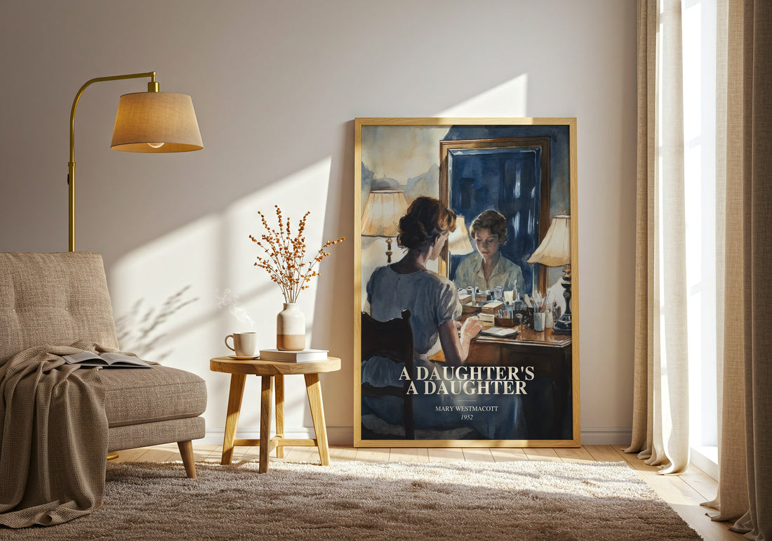 A Daughter'S A Daughter watercolour print in frame leaning in hallway – literary fiction wall art (mockup)