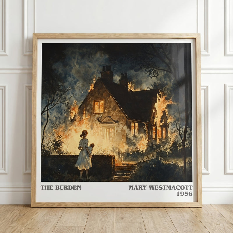 The Burden literary print in frame leaning in hallway – romance wall art