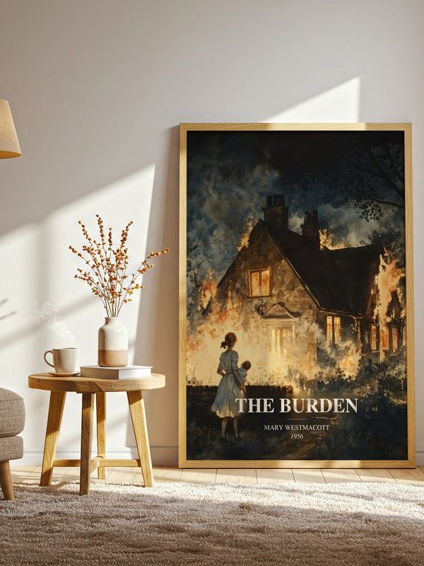 The Burden watercolour print in frame leaning in hallway – literary fiction wall art