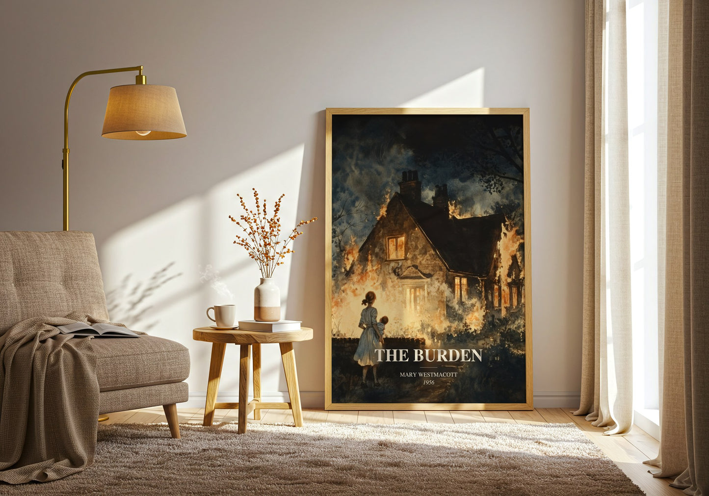 The Burden watercolour print in frame leaning in hallway – literary fiction wall art
