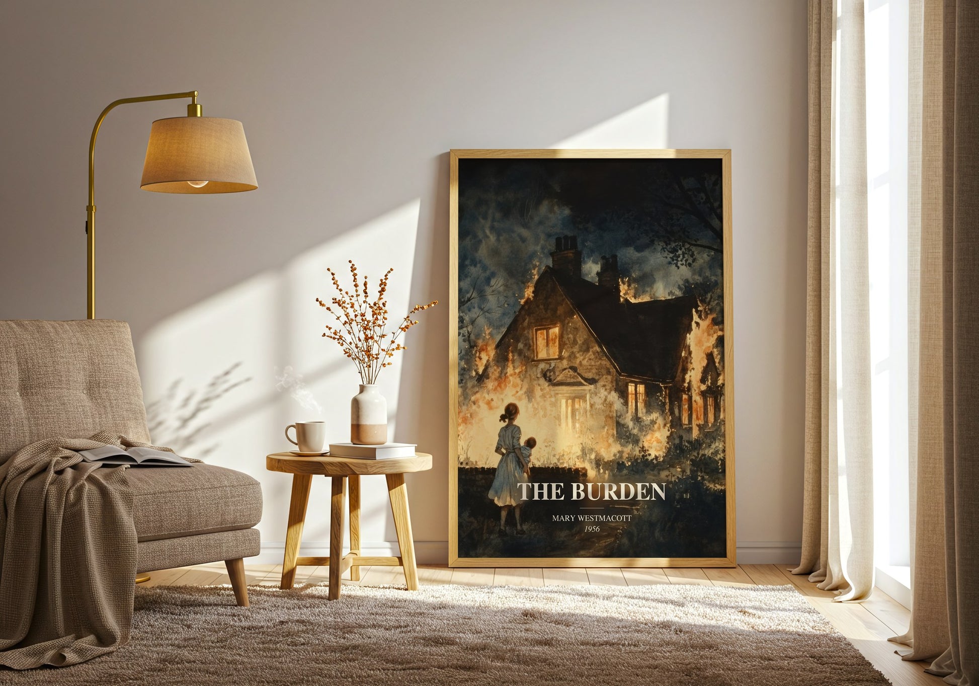 The Burden watercolour print in frame leaning in hallway – literary fiction wall art