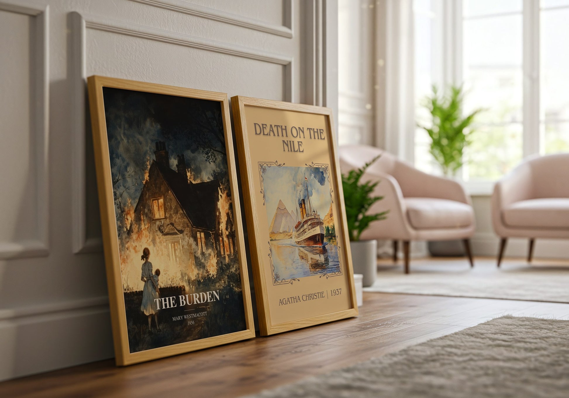 The Burden watercolour print framed by window – literary home decor