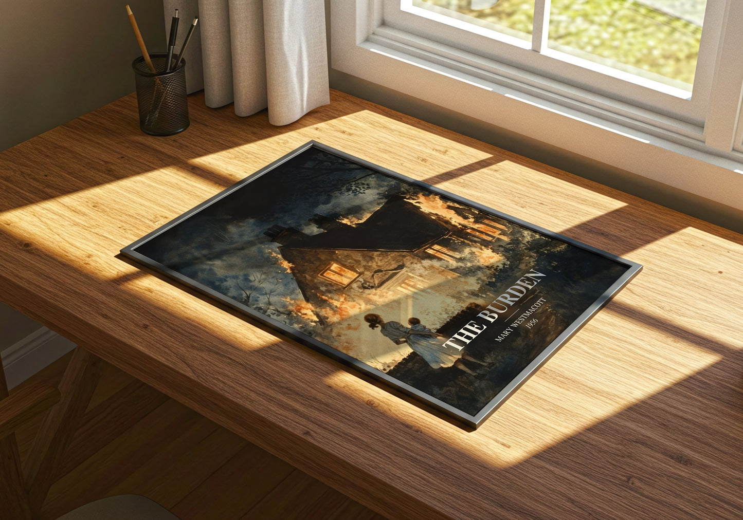 The Burden watercolour book poster framed on wall – literary fiction wall art