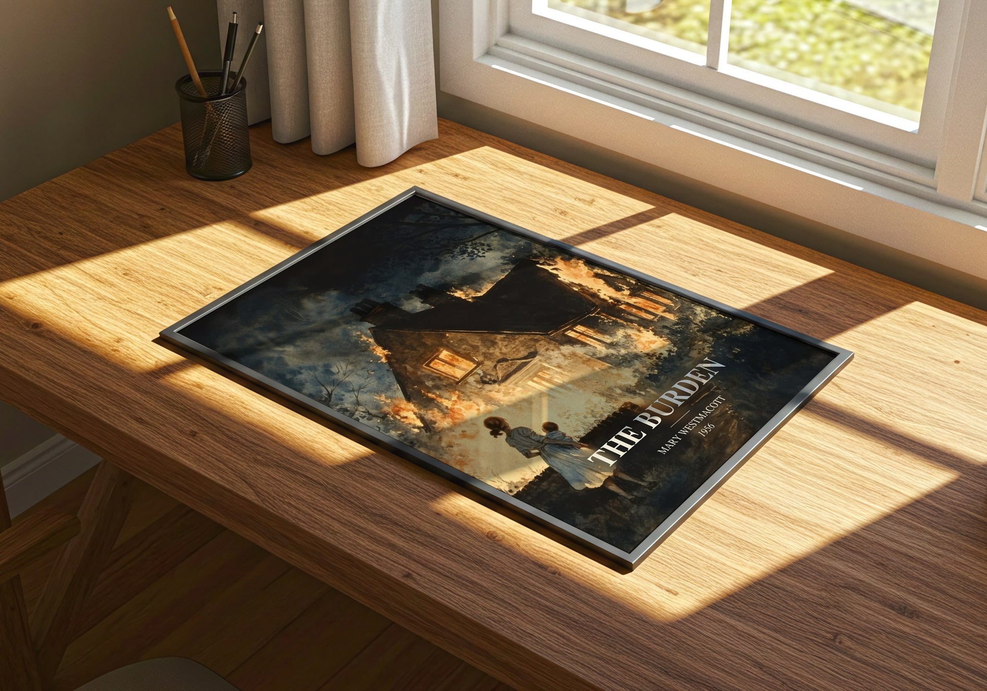The Burden watercolour book poster framed on wall – literary fiction wall art
