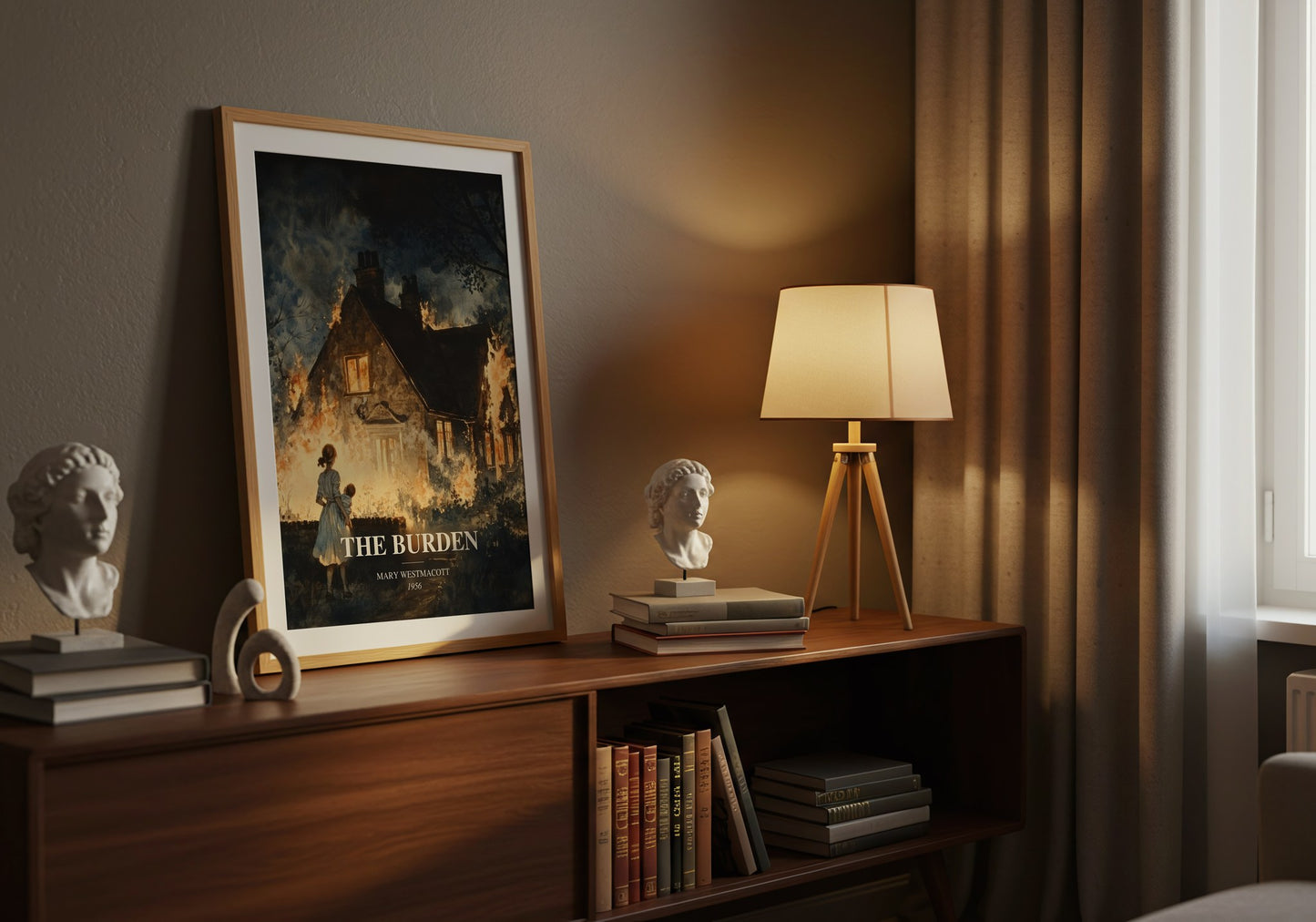 The Burden watercolour print on bookshelf – Mary Westmacott fan gift