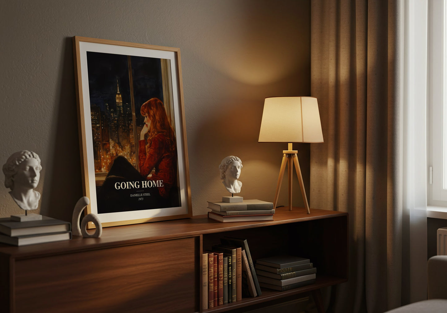 Going Home watercolour print on bookshelf – Danielle Steel fan gift