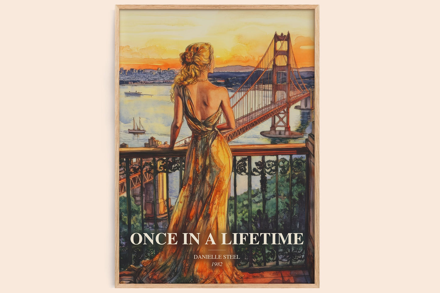 Once In A Lifetime watercolour book poster by Danielle Steel – framed literary art print