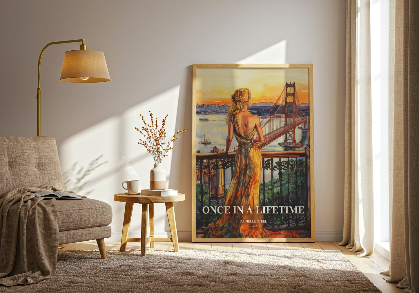 Once In A Lifetime watercolour print in frame leaning in hallway – romance wall art