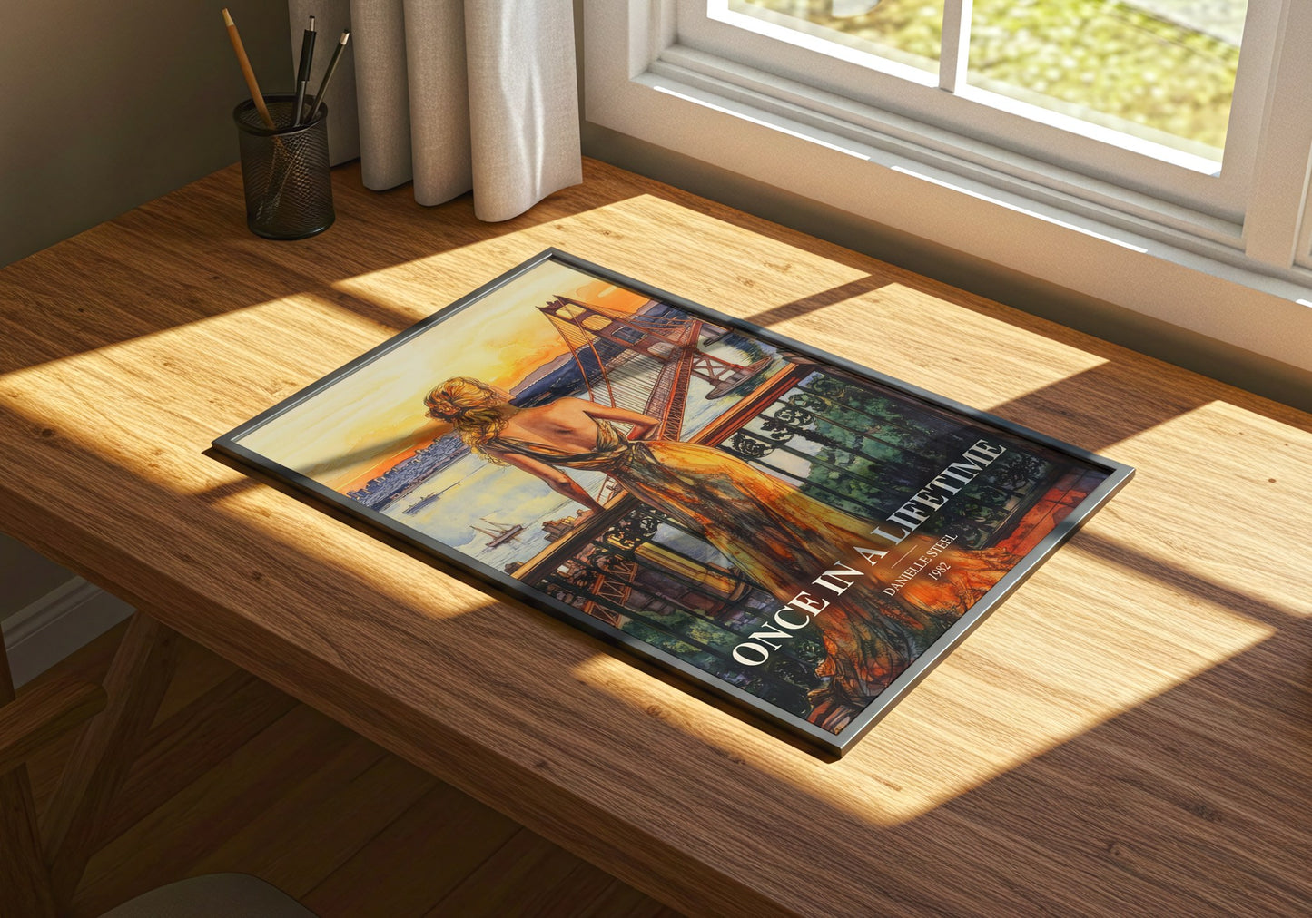 Once In A Lifetime watercolour book poster framed on wall – romance wall art