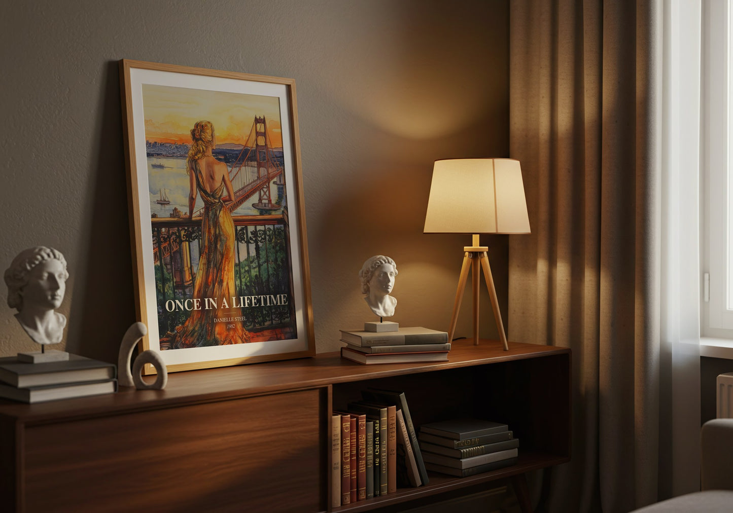 Once In A Lifetime watercolour print on bookshelf – Danielle Steel fan gift