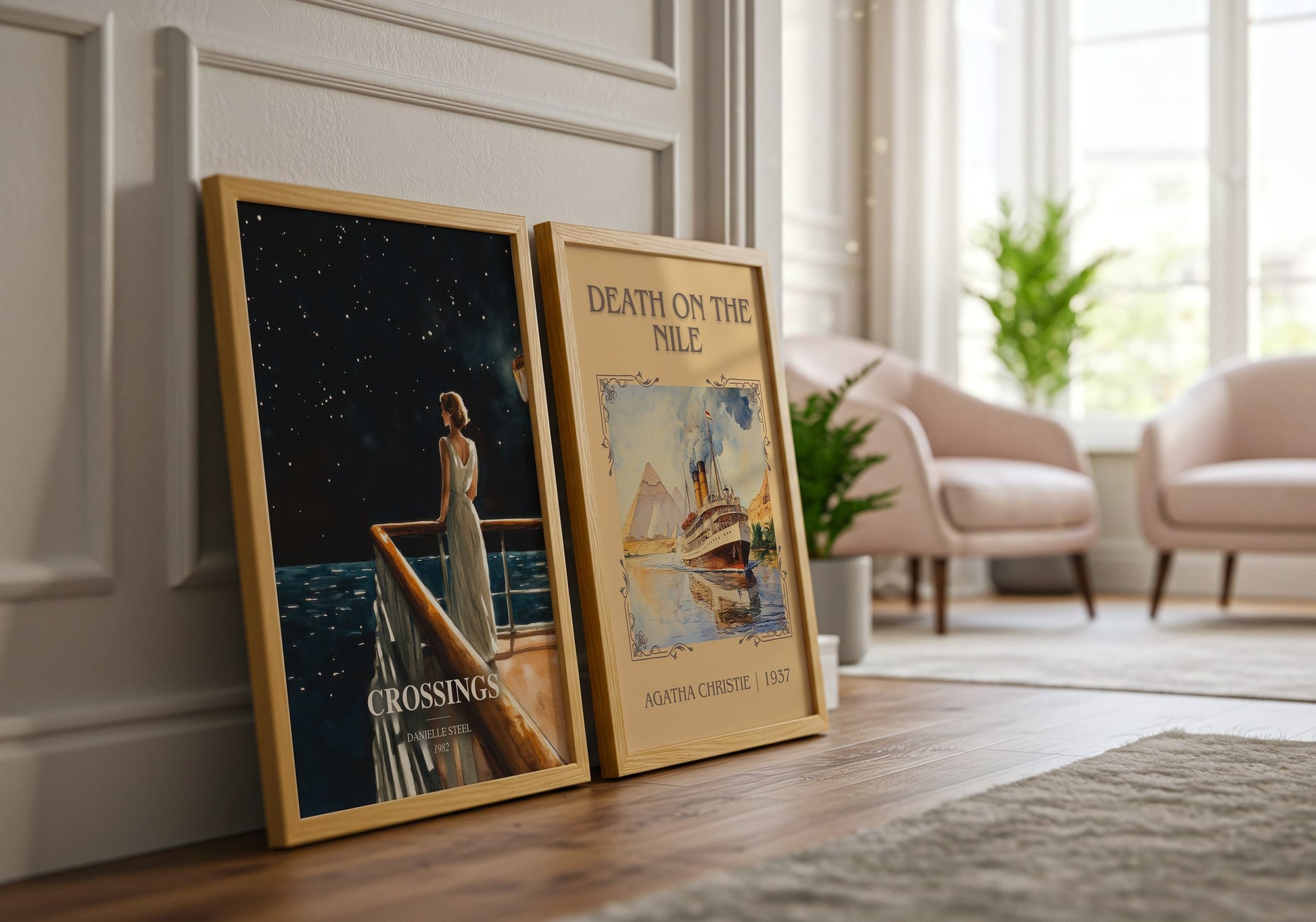 Crossings watercolour print framed by window – literary home decor