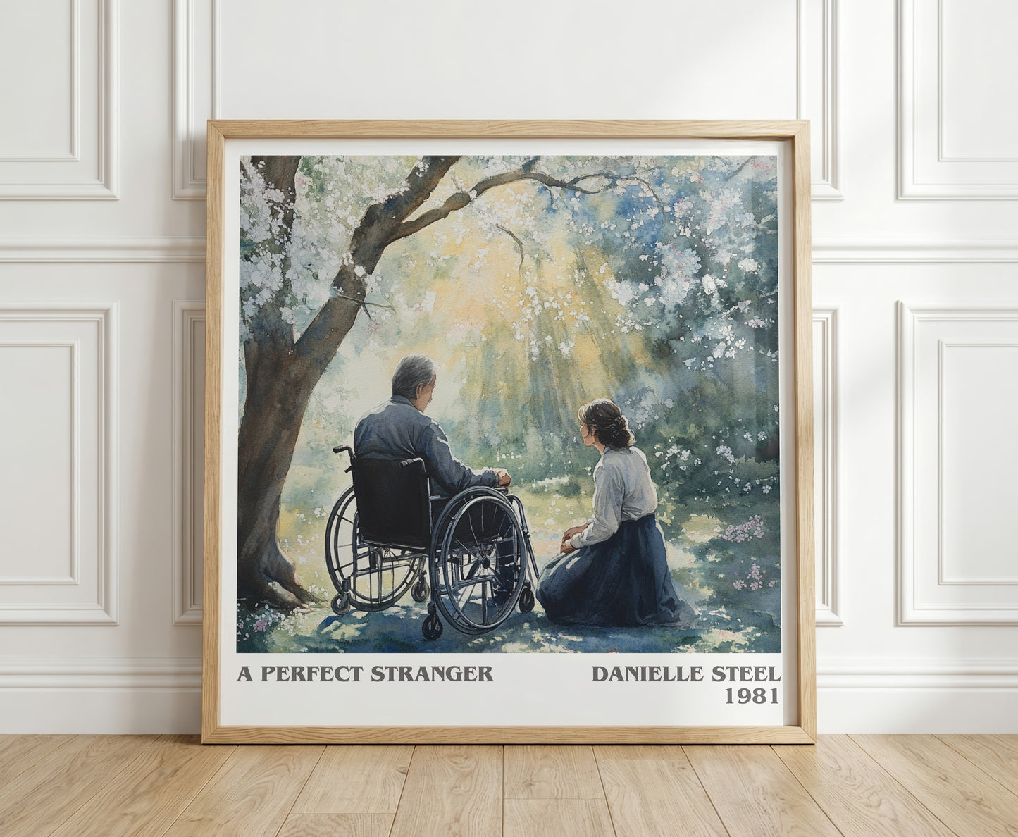 A Perfect Stranger literary print in frame leaning in hallway – romance wall art